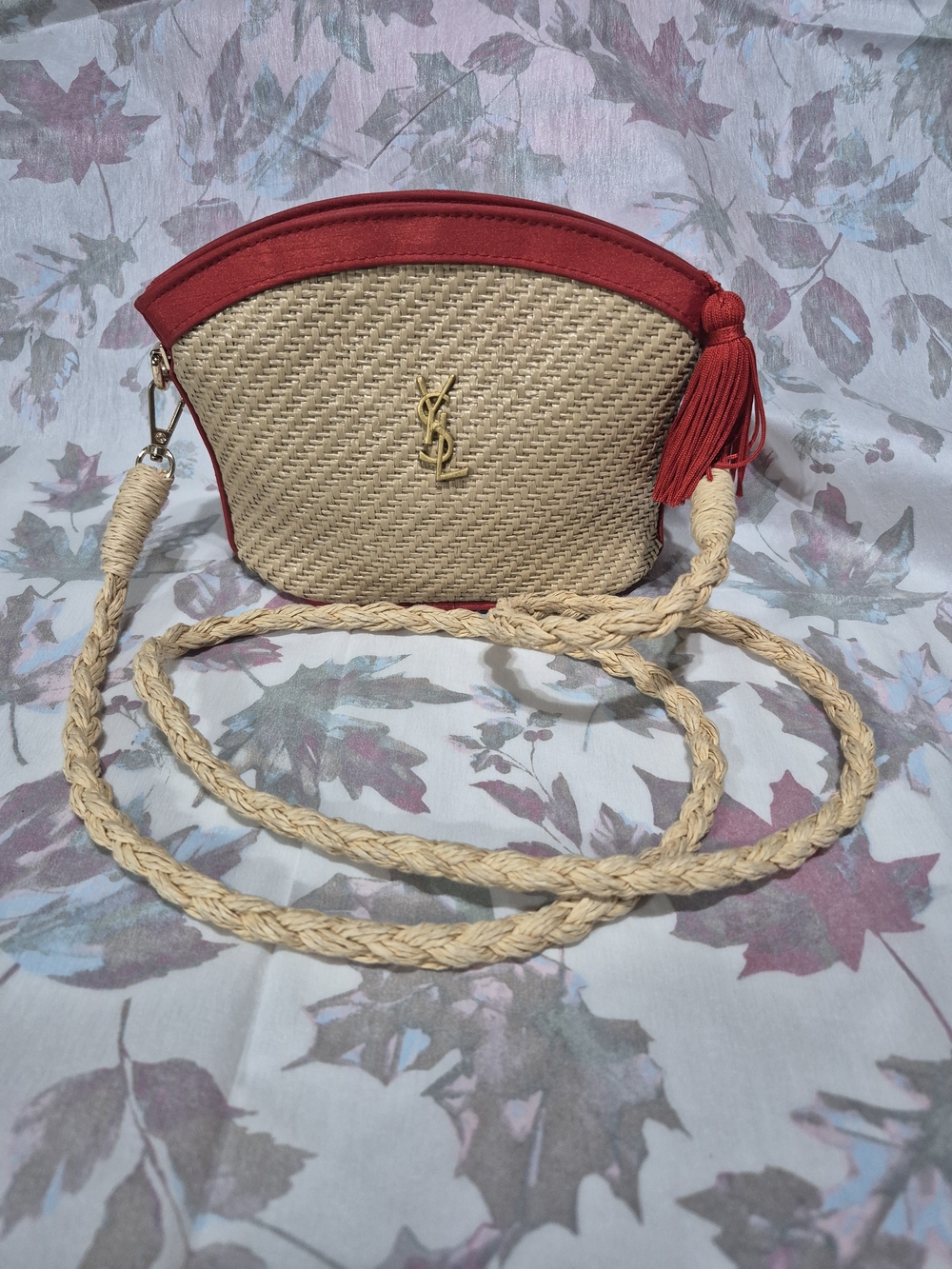 Yves Saint Laurent Red Trim Straw Crossbody Beaute Bag